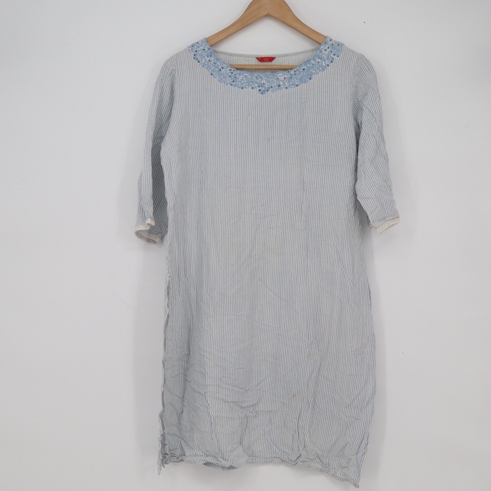 W for Woman Blue Striped Lace Neck Tunic Kurti Top Rayon Flax Size 14
